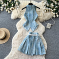 Korean style commute v-neck sleeveless denim vest two-piece set - women's summer slimming belted outfit