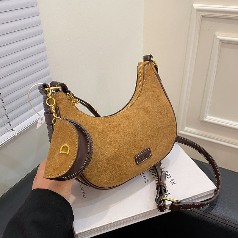 Frosted leather commuter bag women's 2025 new autumn and winter retro Maillard crescent bag versatile shoulder messenger bag