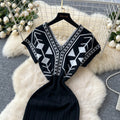 Vintage ethnic print v-neck knit dress - women's summer slim fit, figure-flattering, elegant & chic maxi dress