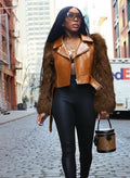 European and american style patchwork faux fur motorcycle jacket - women's autumn/winter short faux leather jacket - fashionable streetwear warm top