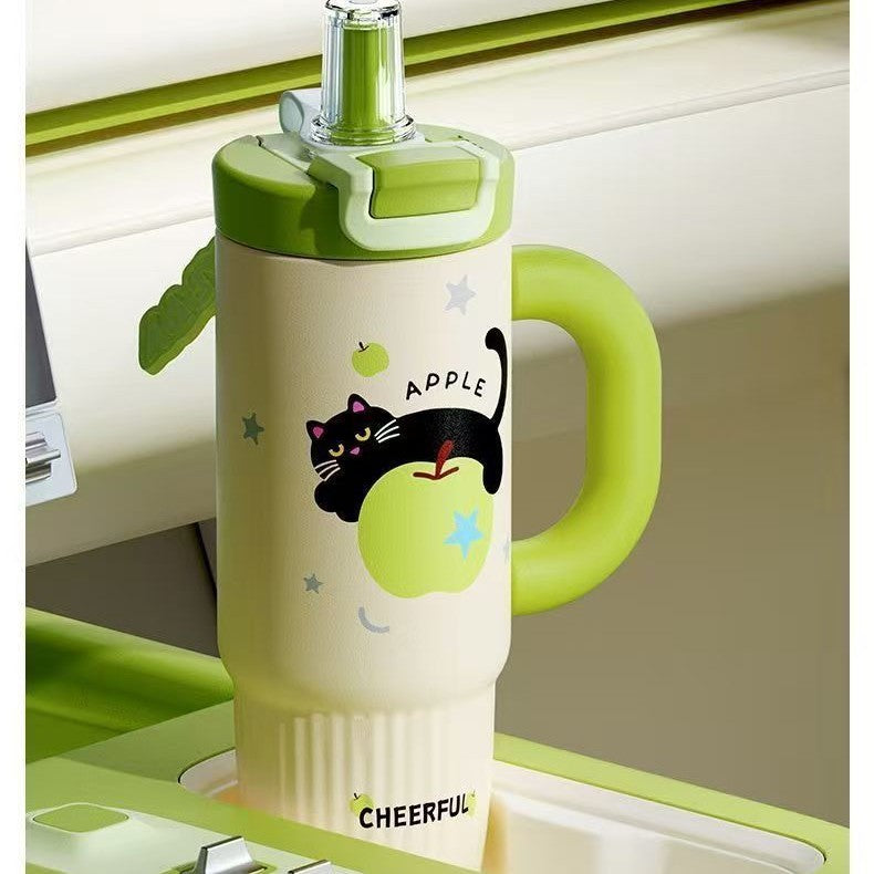 New arrival cartoon straw thermos cup 316 stainless steel large capacity ice cup high-looking handle student water cup