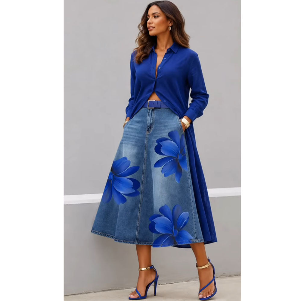 European and american new fashion printed denim skirt -  cross-border summer women's streetwear washed floral high-waisted midi skirt