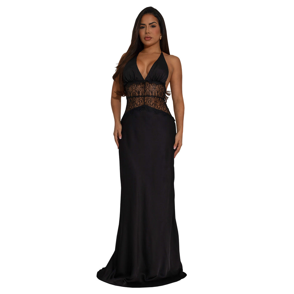 C7546 cross-border   fashion women's sexy lace v-neck patchwork backless dress