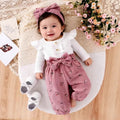 export  autumn new arrival: white flutter sleeve knit top, pink floral print joggers with drawstring, and belt - 3-piece set