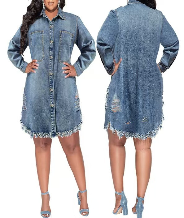 new arrival: plus-size women's denim jacket with tassels and distressed details - long sleeve, perfect for cross-border e-commerce (us & europe). direct from  source factory
