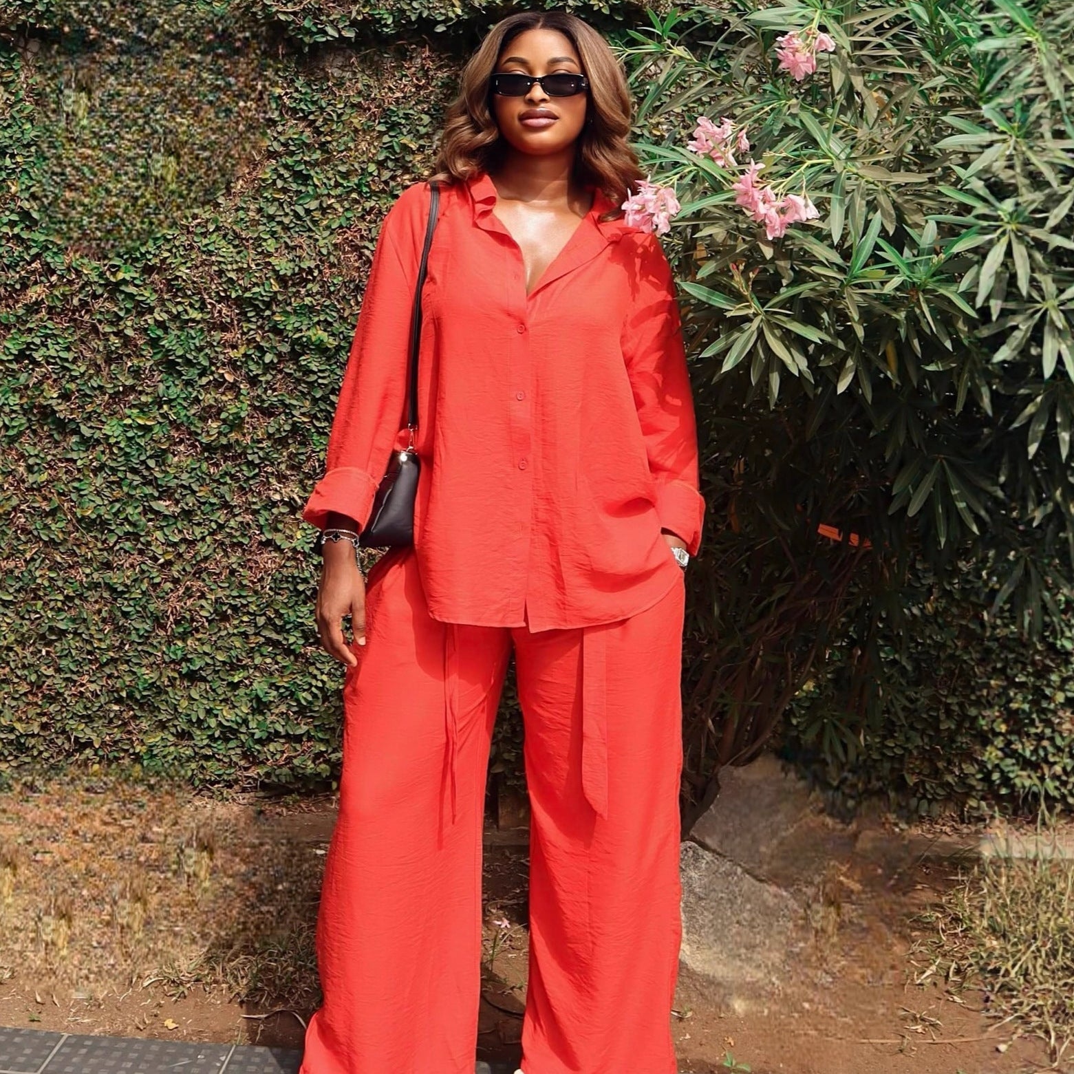 European and American large-size women's clothing solid color long-sleeved cardigan lapel shirt high waist trousers women's African fashion foreign style two-piece set