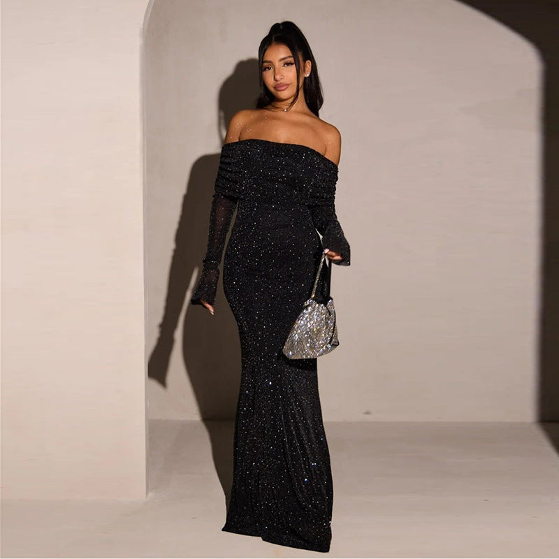 new european and american style women's winter one-shoulder mesh dress with silver thread, waist-cinching, and bodycon design