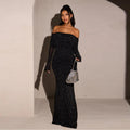 new european and american style women's winter one-shoulder mesh dress with silver thread, waist-cinching, and bodycon design