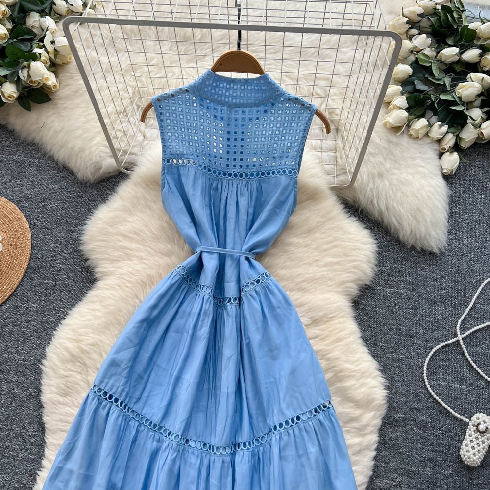 Frenchclassy sense of strap waist sleeveless cut outembroider waist dress female summerslimming lookelegant long skirt
