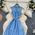 Frenchclassy sense of strap waist sleeveless cut outembroider waist dress female summerslimming lookelegant long skirt