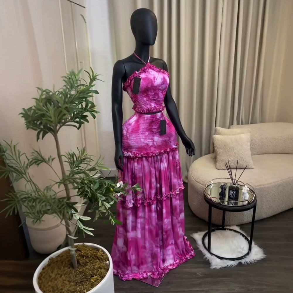 European and american cross-border women's fashion:  summer new collection - sweet halter neck printed top with ruffled hem midi skirt set