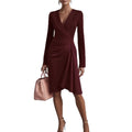 new european and american cross-border women's fashion: sexy slim-fit solid color long sleeve v-neck pleated design dress