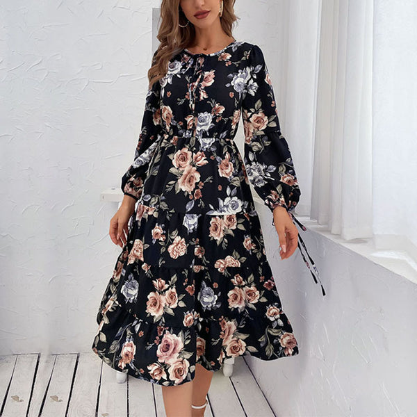 Independent Station Cross-border European and American  fashion women's clothing temperament long-sleeved retro floral dress autumn