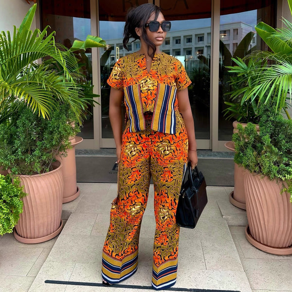 European and American large-size women's clothing short-sleeved large-pocket printed T-shirt African casual trousers new fashion two-piece set for women