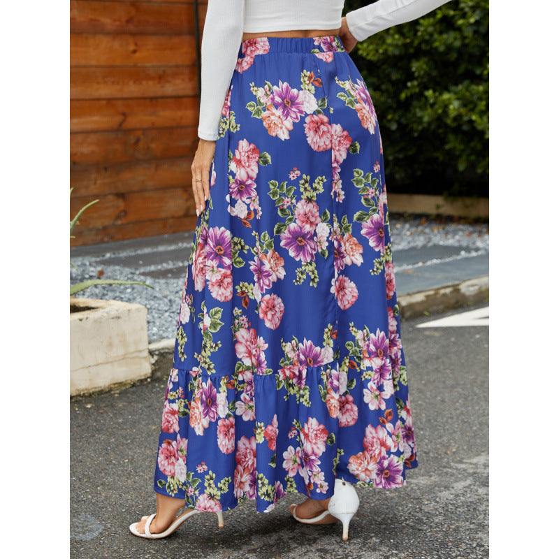 Fashion cross-border retro large flower digital printed high waist skirt pleated ruffles patchwork large swing skirt