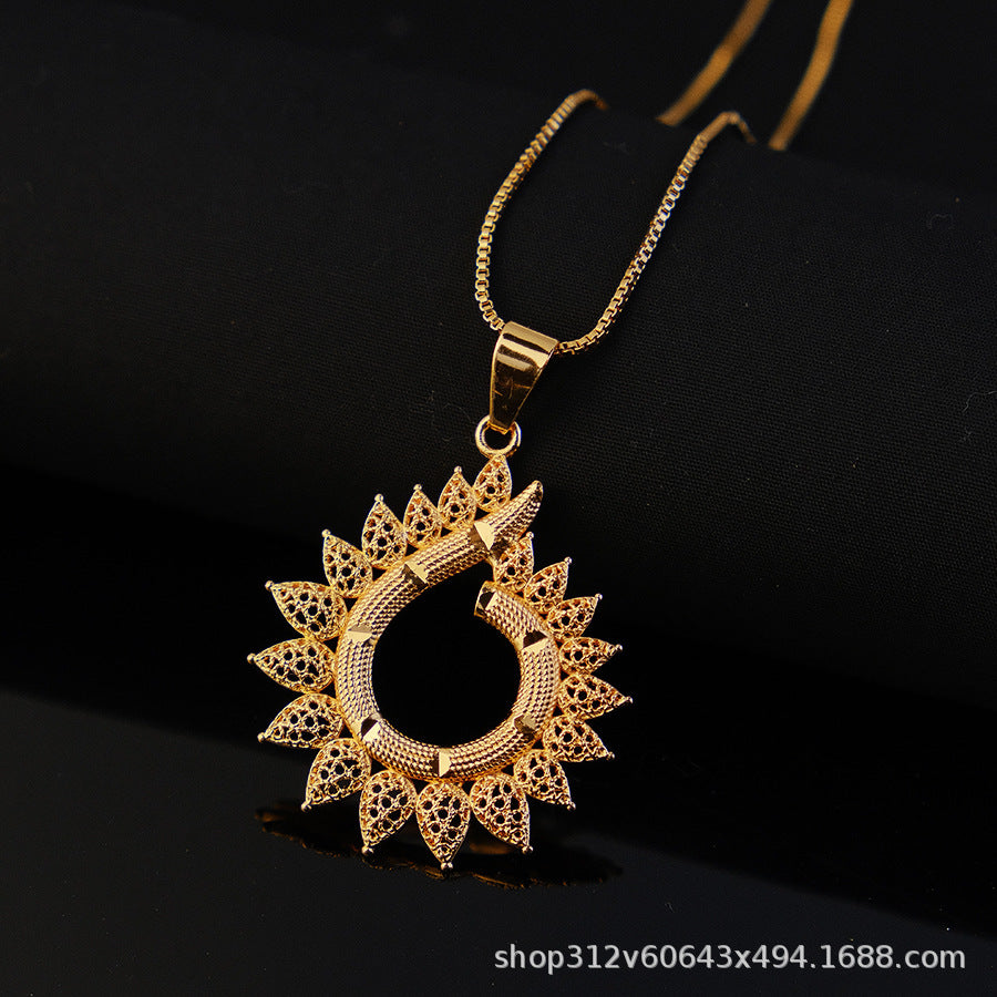 Two-piece set of new middle eastern dubai ethiopian women's pendant, necklace, and earring set, african style, sunflower design
