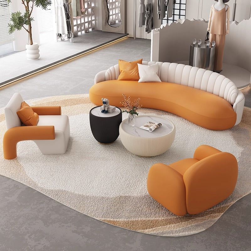 Luxury office reception area lounge hotel lobby front desk minimalist modern curved leather sofa