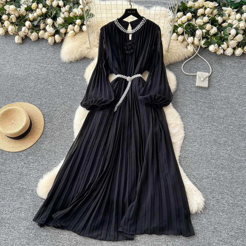 Frenchclassy heavy industry studded cut out round neck stereo flower lantern sleeves strappy waist pleated chiffon dress