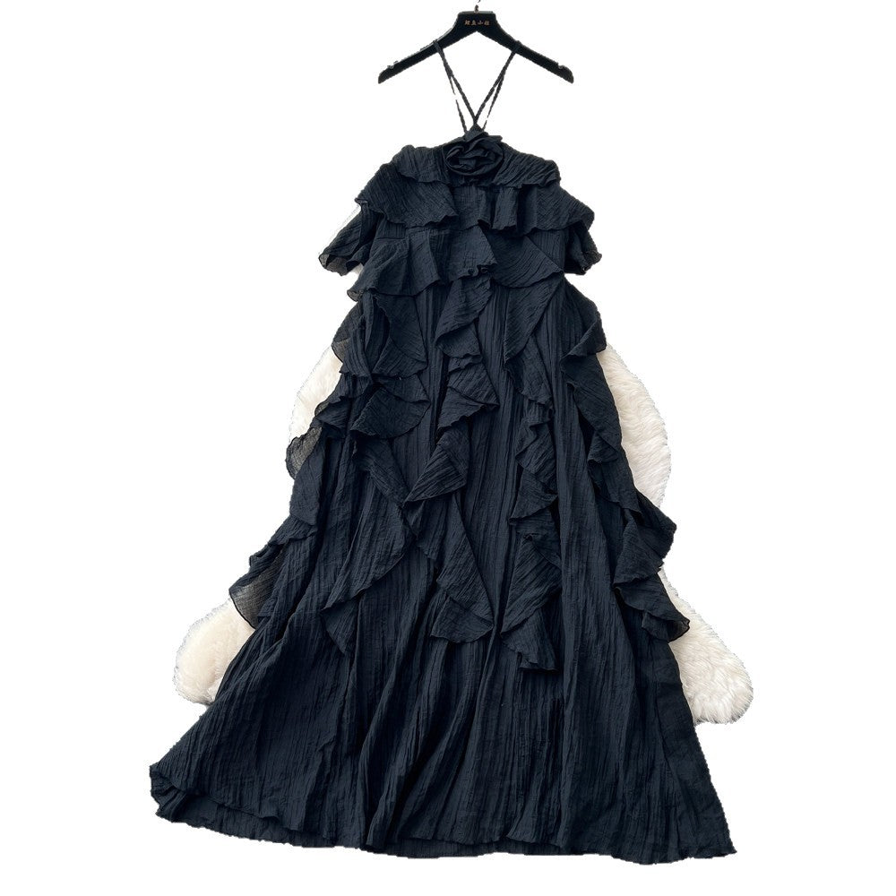 French sleeveless tiered a-line dress - women's summer design, high-waisted ruffle hem, rose red maxi dress