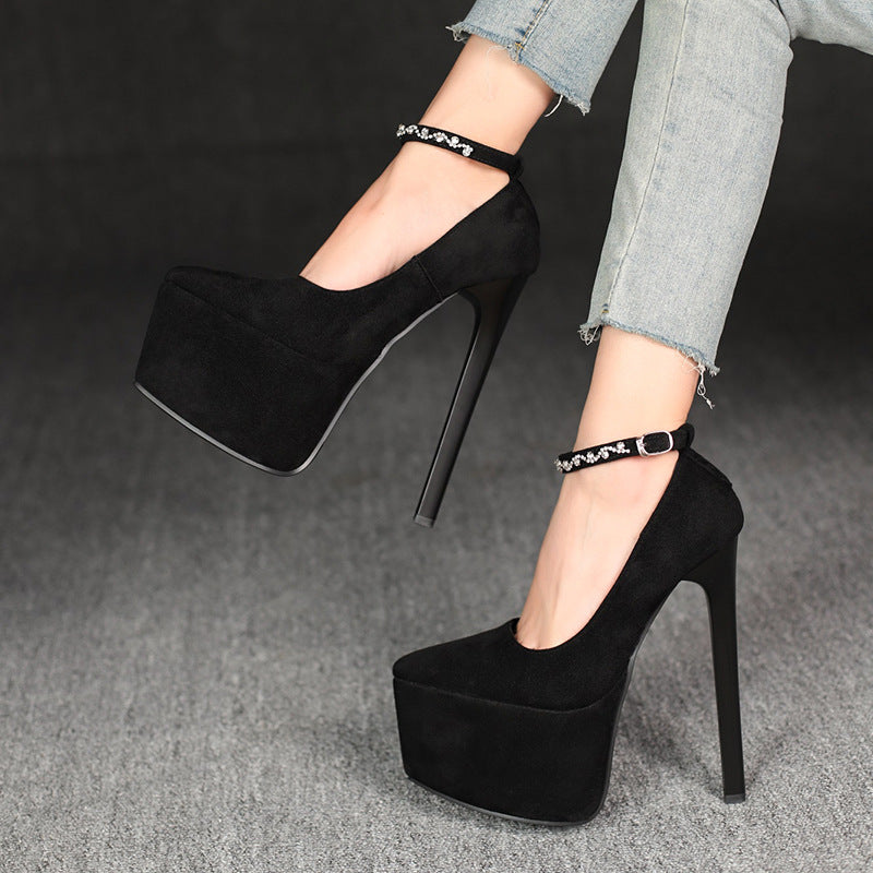 Exquisite one-word buckle t-stage catwalk style thick sole2025 summer new arrival women's shoes waterproof platform flats18cm high heels