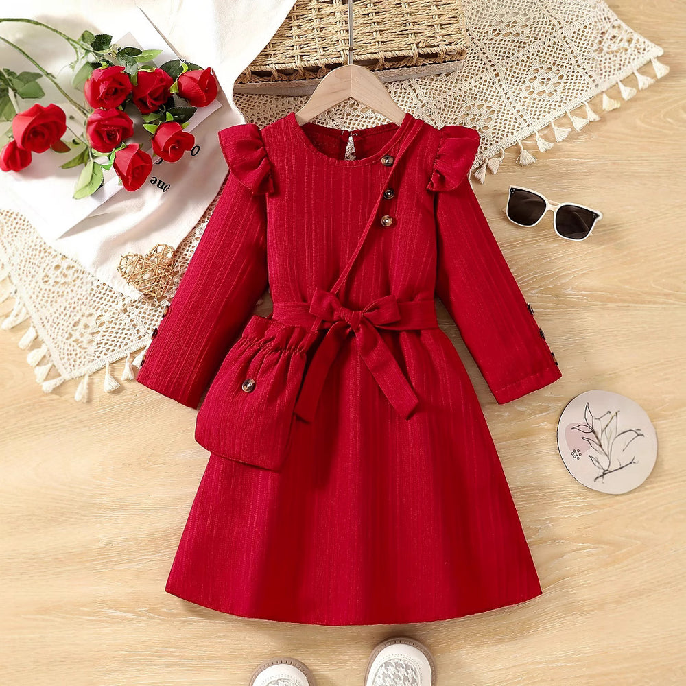 Girls' export dress - red bow belt, lace flutter sleeves, ribbed knit, long sleeve, long dress for outdoor wear