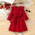 Girls' export dress - red bow belt, lace flutter sleeves, ribbed knit, long sleeve, long dress for outdoor wear
