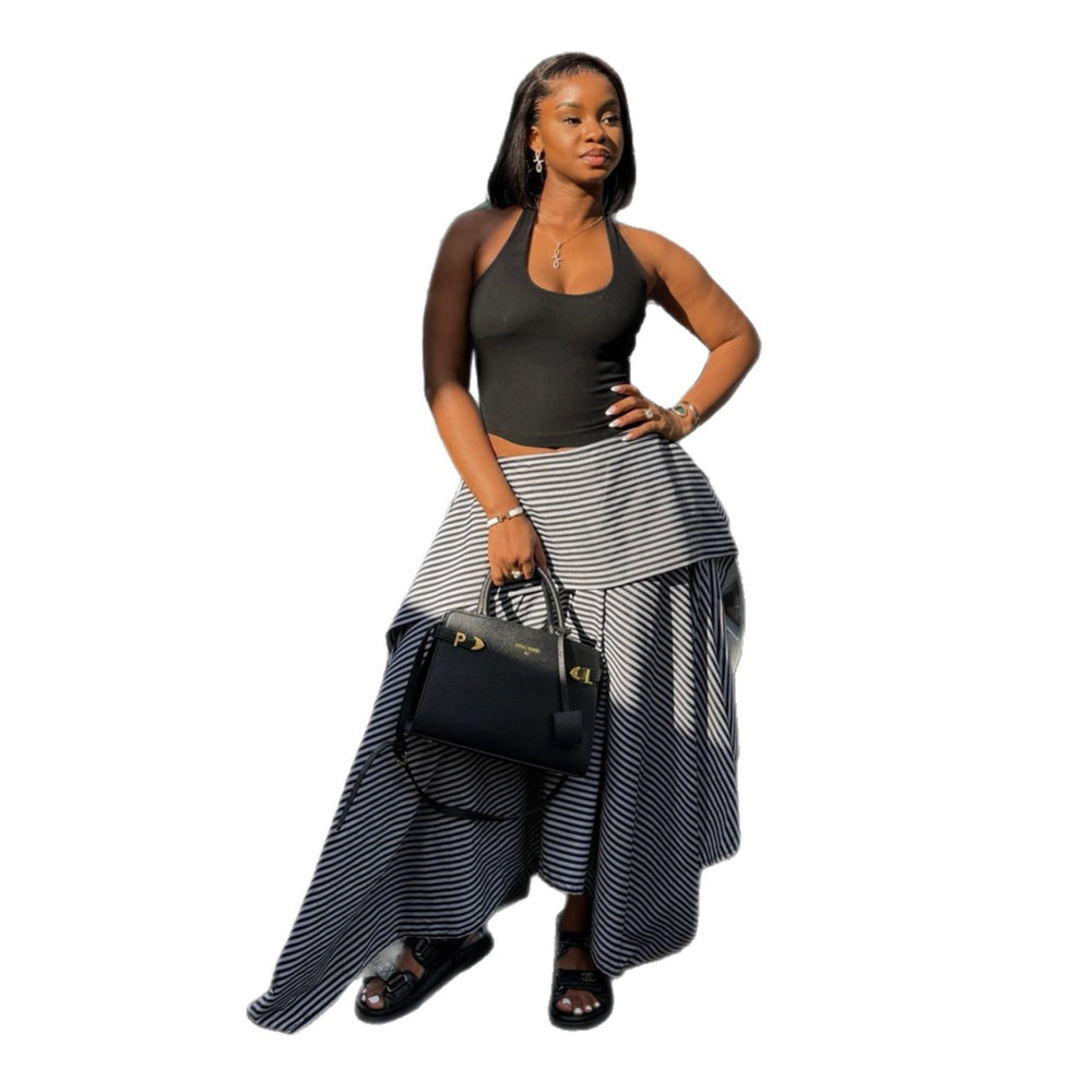 European and american cross-border women's clothing:  summer new arrival - elegant high-waisted slimming striped asymmetrical long a-line midi skirt