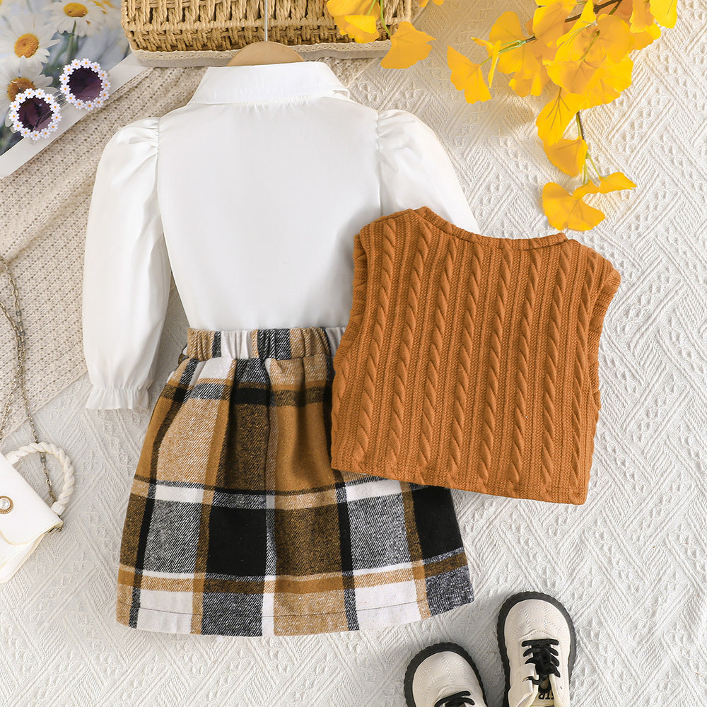 new bowknot plaid mini skirt cross-border three-piece knitted vest girl's outfit autumn/winter