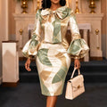 New satin printed bow collar puff sleeve dress - slim fit, waist-defining, slimming party evening gown