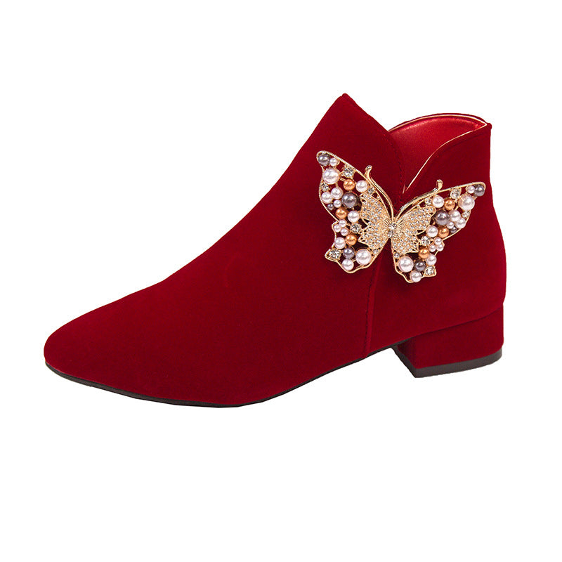 2024fall and winteroutwearfashionboots women's pointed toe thin heel xiuhu red bridal shoes pearl suede short boots