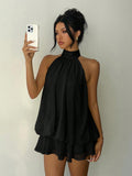 European and american cross-border  new collection: slim-fit, sexy, backless, halter neck, cinched waist top with flared mini skirt dress for women
