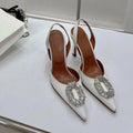2026 early spring new pointed-toe rhinestone square buckle sexy high heel sandals, silk satin cutout back strap women's sandals