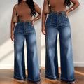 Fashionjeans women's open thread large patch pocket high waistloose pants dark blue washed raw edge trousers slimming look denim pants