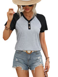 72519#  cross-border women's ins v-neck color block casual versatile t-shirt