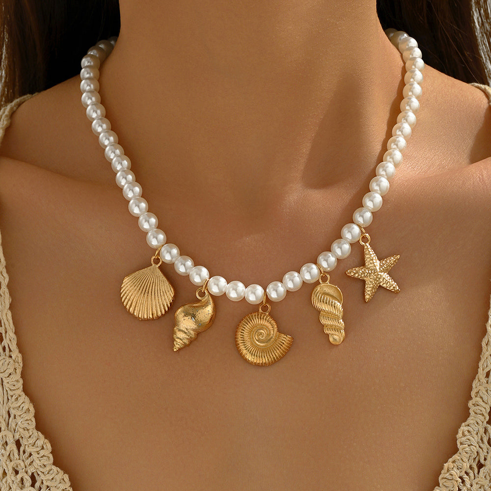 European and american cross-border ocean style alloy shell starfish conch pendant necklace, light luxury niche pearl jewelry necklace