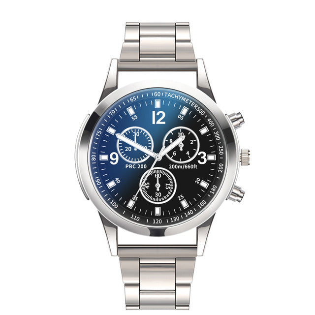 Factory direct iridescent blue light glass three-eye stainless steel watch - men's quartz watch, gift, cross-border watch for men
