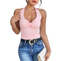 European and american cross-border french style summer new sexy halter twist deep v-neck sleeveless tank top women's slim fit cropped top