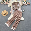 Xiaoxiangfengtwo-piece setautum women's houndstooth gridslong sleevessweatercardiganoutwearhigh waistdrapedcasualpants