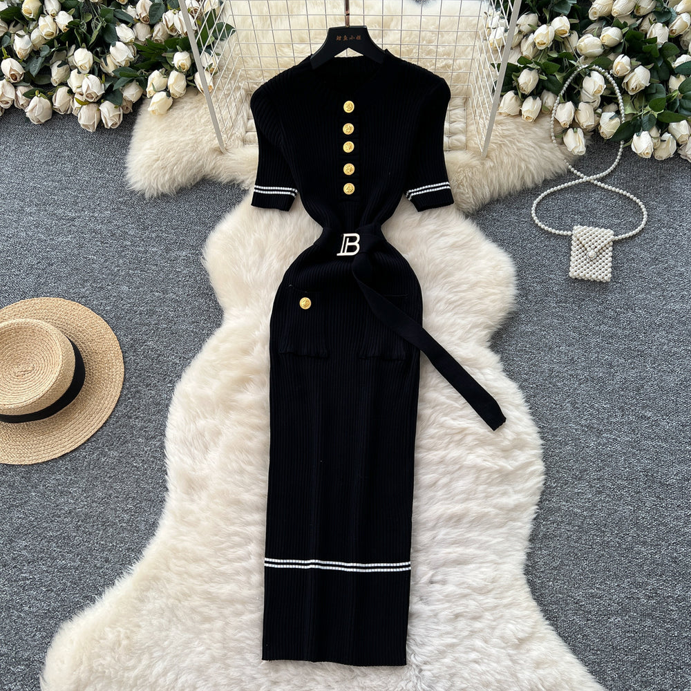 Xiaoxiangfengclassy fashionable metal buckle silm short-sleeved dress women's summer strap waist frenchknitting skirt