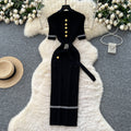 Xiaoxiangfengclassy fashionable metal buckle silm short-sleeved dress women's summer strap waist frenchknitting skirt