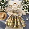 Birthday dress for women, french sweet, palace style, waist slimming look, elegant suspender mesh printing puffy dress