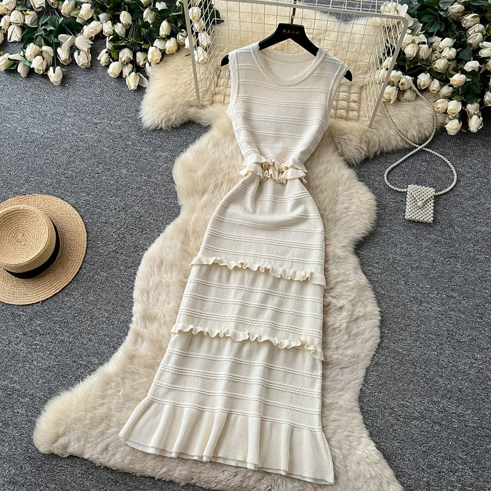 Qianjin wind sleeveless knittingelegantdress women's summer k-style round neck ruffles waist slimmingelegant long skirt