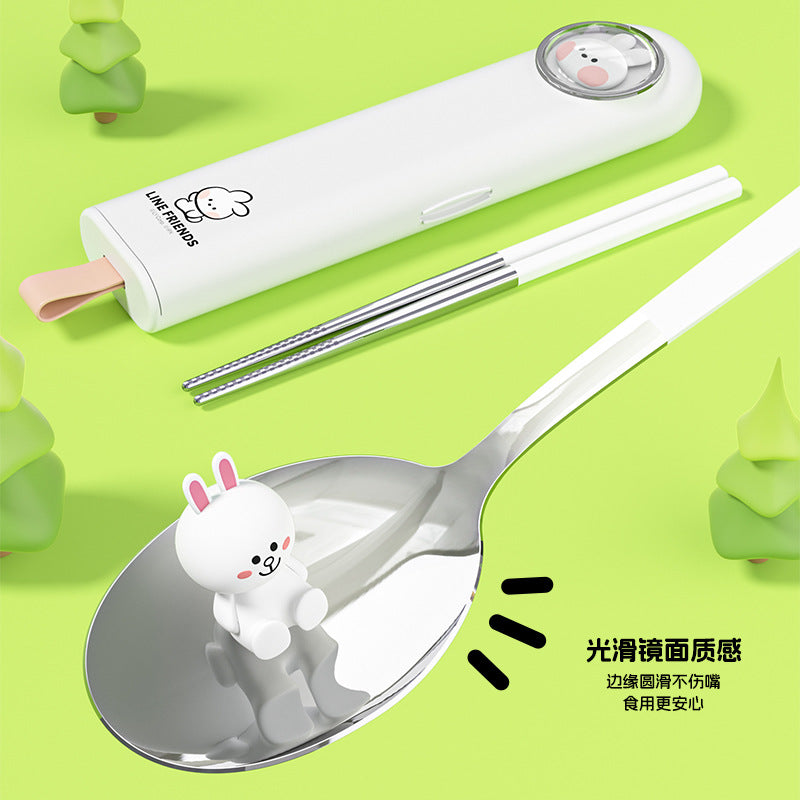 Cartoon cute portable tableware box student spoon chopsticks stainless steel picnic outdoor travel tableware set wholesale