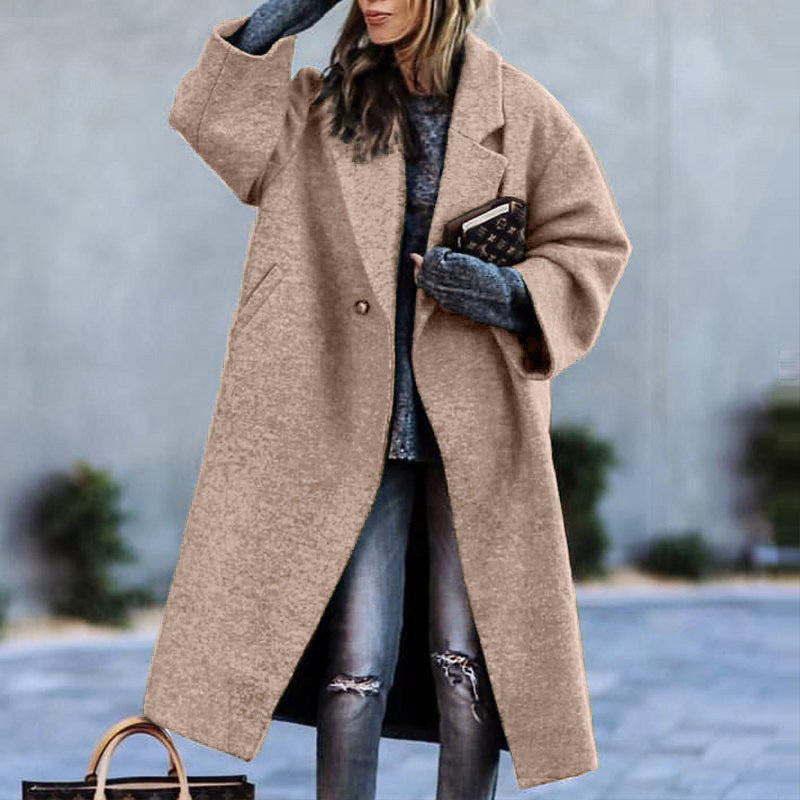 European and american autumn/winter long wool coat - chic, commuter style, beltless, turn-down collar, relaxed fit, wool green coat for women