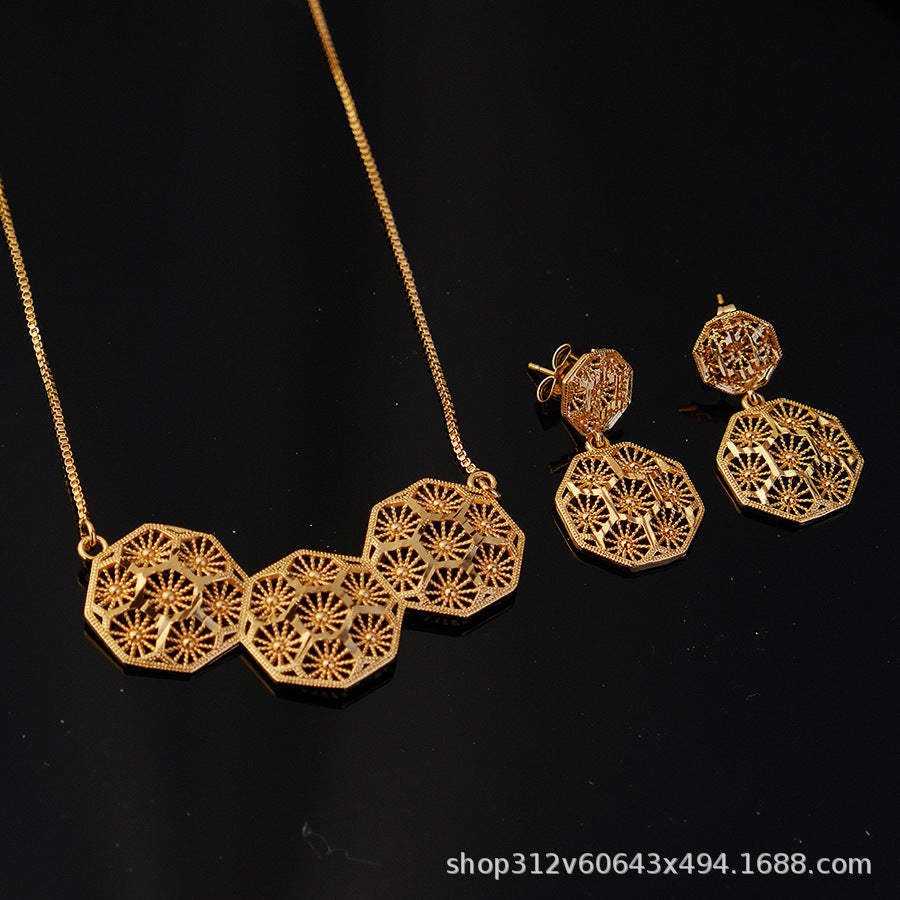 Two-piece set of new middle eastern dubai ethiopian women's pendant, necklace, and earring set, african style, sunflower design