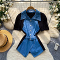 Frenchretro denim patchworkretroshirt women's summer short-sleeved waist tie backslimming lookwork clothing styletops