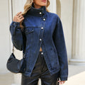 European and american cross-border e-commerce  asymmetrical slant placket metal buckle multi-pocket drop shoulder washed denim jacket for women