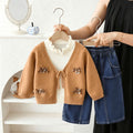 Girls' casual outfit set -  autumn/winter knitted 3d bow sweater jacket & stylish denim jeans two-piece set