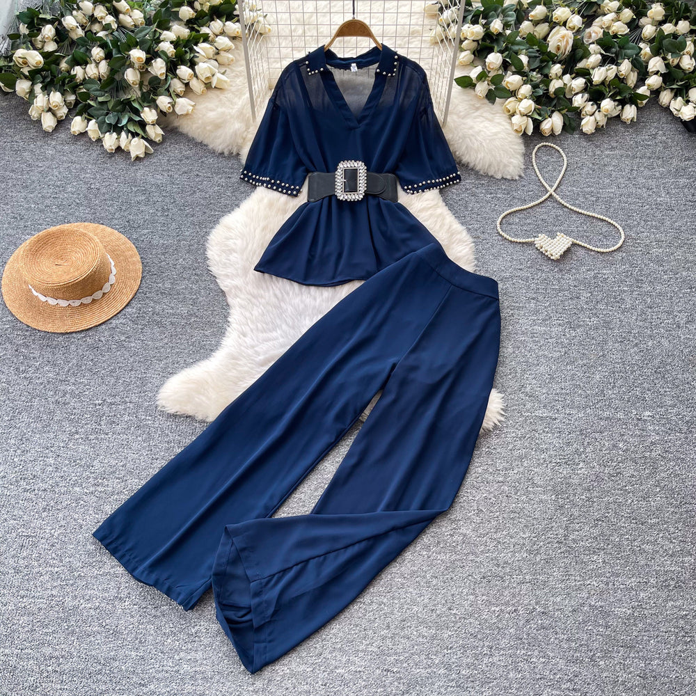 Lightly mature style, age-reducing and lazy feeling two-piece set women's summerstuds decorative waist topshigh waistloose pantssuit