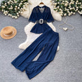 Lightly mature style, age-reducing and lazy feeling two-piece set women's summerstuds decorative waist topshigh waistloose pantssuit